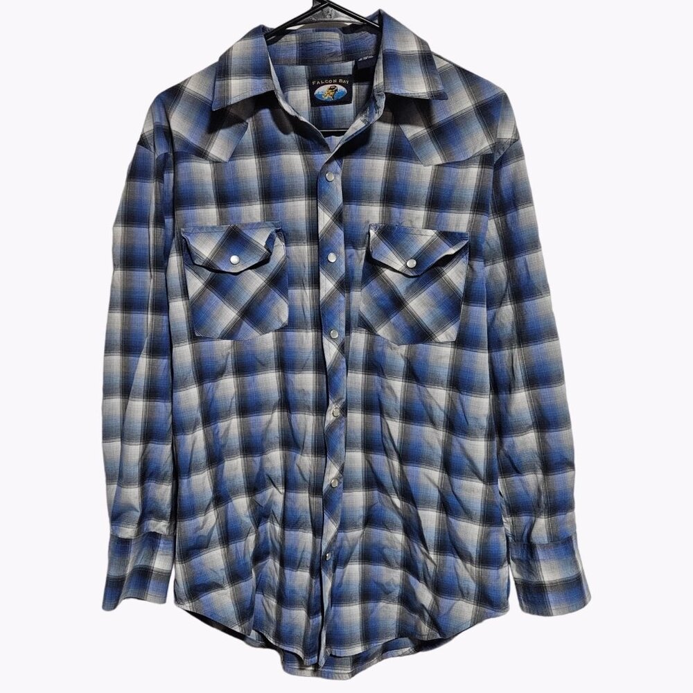 Falcon Bay Pearl Snap Western Shirt Mens Size Medium Blue Plaid Long Sleeve